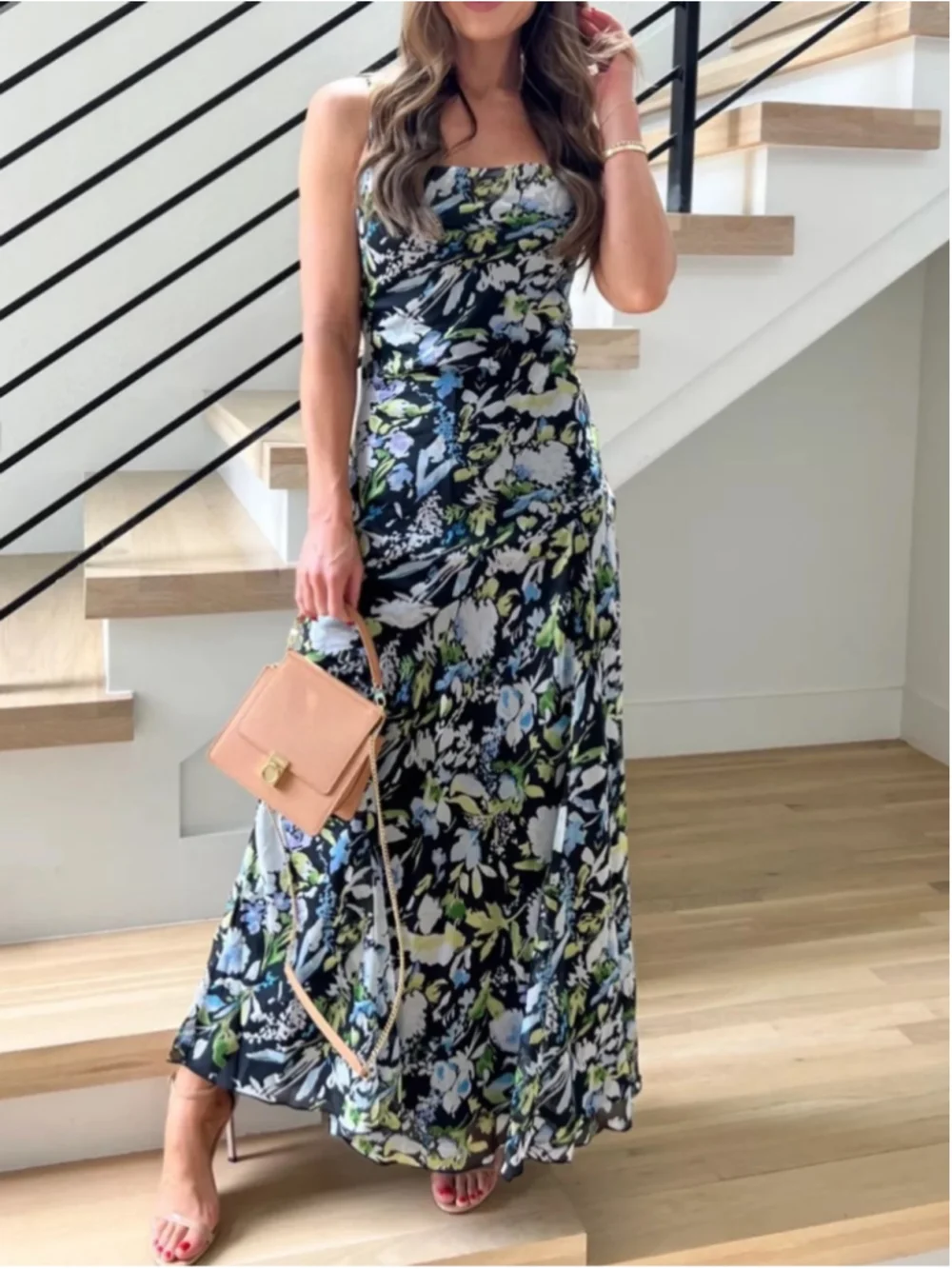 Abercrombie & Fitch Black Floral Slip Maxi Dress Size Large L Cowl Neck
